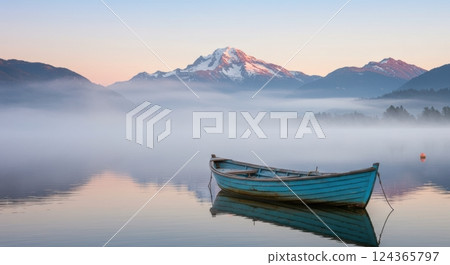 Serene blue boat on misty lake with snow-capped mountain at sunrise 124365797