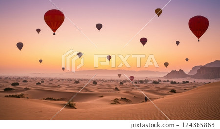Hot air balloons over desert landscape at sunrise with sand dunes and mountains 124365863