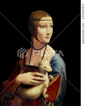 Leonardo da Vinci (1452-1519), Lady with an Ermine - Portrait of Cecilia Gallerani, 1490, tempera on wood panel. National Museum, Krakow, Poland 124365875