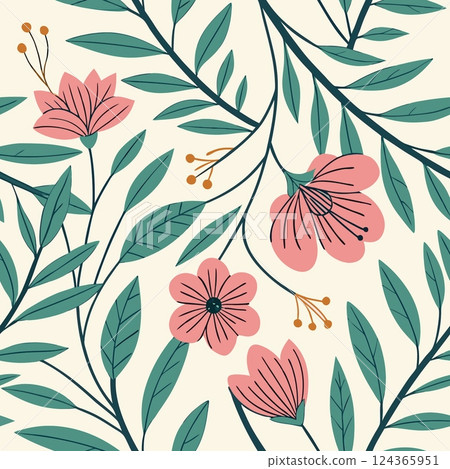 Seamless floral pattern with pink flowers and green leaves on cream background 124365951