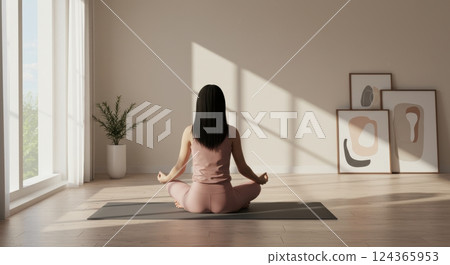 Serene morning meditation by woman in sunlit minimalist home yoga studio 124365953