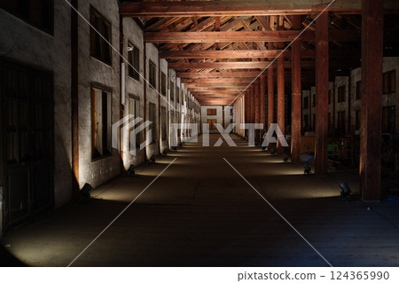 Dark wooden warehouse interior 124365990