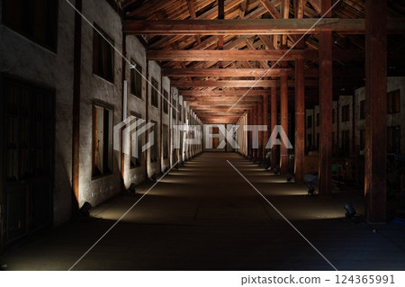 Dark wooden warehouse interior 124365991