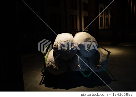 Dark wooden warehouse interior 124365992