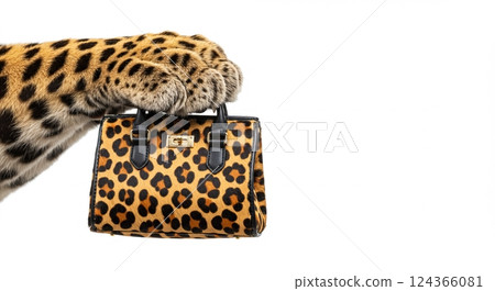 Leopard print handbag held by leopard paw with white background 124366081