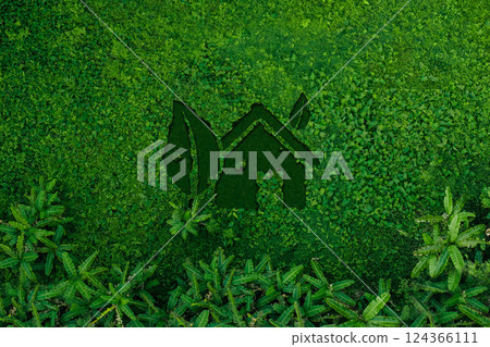 Environmental concept home icon on grass in forest, aerial view nature conservation 124366111