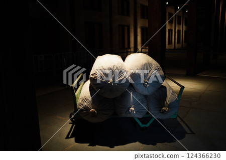 A suspicious burlap sack in the dark A suspicious burlap sack in the dark 124366230