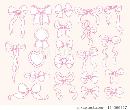 Outline Vintage Coquette Aesthetic Ribbon Bow set. Whimsy Romantic Girly Vibe. Vector illustration. Isolated Trendy various accessories elements. Line hand drawings Outline Vintage Coquette Aesthetic Ribbon Bow set. Whimsy Romantic Girly Vibe. Vector illustration. Isolated Trendy various accessories elements. Line hand drawings 124366337