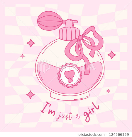 Pink Vintage Coquette Bottle Magic Perfume with Bow Ribbon. Romantic Girly Vibe. Vector illustration. Trendy Aesthetic card on Distorted Twisted Checkered Background with Groovy Motivational Quote Pink Vintage Coquette Bottle Magic Perfume with Bow Ribbon. Romantic Girly Vibe. Vector illustration. Trendy Aesthetic card on Distorted Twisted Checkered Background with Groovy Motivational Quote 124366339