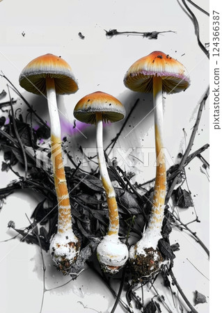 Trio of Orange Mushrooms on Monochrome Background with Psychedelic 70s Vibe Trio of Orange Mushrooms on Monochrome Background with Psychedelic 70s Vibe 124366387