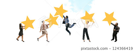 People holding rating stars. Representation of user feedback and emotional connection through five-star ratings. Good service. 124366419