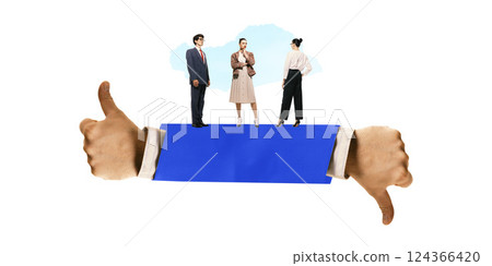 People standing on thumbs up and down. Symbolic illustration of mixed reviews and dual feedback reflecting diversity of client experience. 124366420