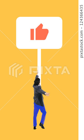 Man holding like icon. Visual metaphor of user and customer support expressed through interactive feedback. 124366435