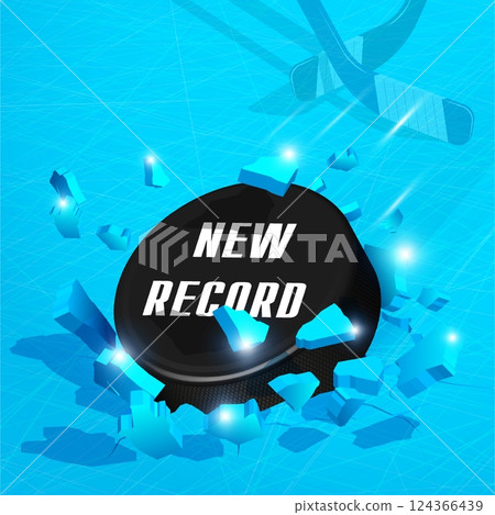 Ice hockey sport tournament new record banner. Black rubber puck for ice hockey crashed into ice at high speed and breaks into shards, cracks after perfect hit. Career goals record update. Vector Ice hockey sport tournament new record banner. Black rubber puck for ice hockey crashed into ice at high speed and breaks into shards, cracks after perfect hit. Career goals record update. Vector 124366439