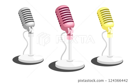 Set of glamorous studio microphones on white telescopic stands. Professional sound recording DJ equipment for broadcasts and live broadcasts. Isometric 3D Vector isolated on white background Set of glamorous studio microphones on white telescopic stands. Professional sound recording DJ equipment for broadcasts and live broadcasts. Isometric 3D Vector isolated on white background 124366442