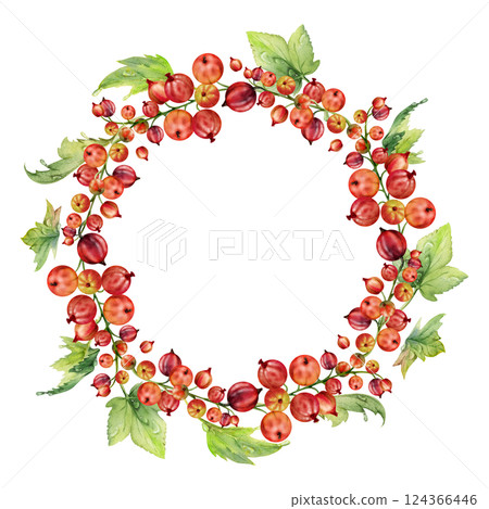 Currant gooseberry with leaves cluster bunch on stem, ripe garden berry casseille juneberry jostaberry, watercolor hand drawn. Isolated wreath frame crown. Home preserves cookbook, grocery food store 124366446