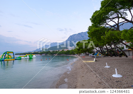 Makarska City Beach in Makarska riviera on the Adriatic Sea, Dalmatia region of Croatia 124366481