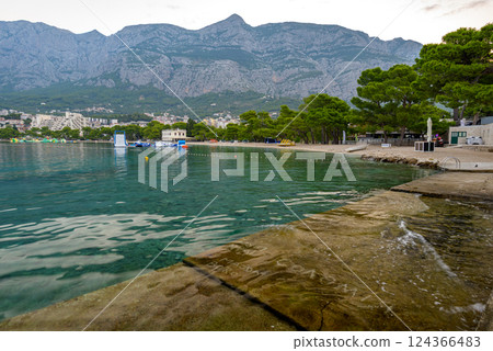 Makarska City Beach in Makarska riviera on the Adriatic Sea, Dalmatia region of Croatia 124366483