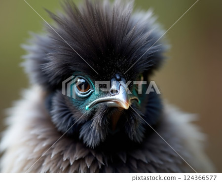 close up face of Silkie Chicken with fluffy fur and dark skin close up face of Silkie Chicken with fluffy fur and dark skin 124366577