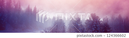 Snow-covered spruce trees on the mountainside during sunrise in winter. Winter rural landscape  Horizontal banner 124366602