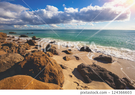 Rocky seascape on a sunny day, view of sunny bay in Setubal, Portugal 124366603