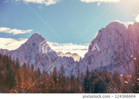 Mountain landscape on a sunny day. View of Alps in Kranjska Gora. The tops of the mountains are covered with snow. Triglav national park. Slovenia, Europe Aerial view Mountain landscape on a sunny day. View of Alps in Kranjska Gora. The tops of the mountains are covered with snow. Triglav national park. Slovenia, Europe Aerial view 124366604