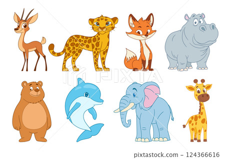 Colorful cartoon illustration showcasing diverse animal characters, including a giraffe, elephant, and dolphin, on a white background. Vector illustration set. 124366616