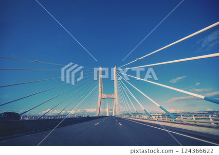 View from the windshield of the road bridge. Vasco da Gama Bridge in Lisbon Portugal Europe 124366622