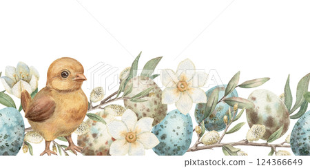 Easter seamless border with cute chick and quail egg in vintage style. Hand drawn watercolor design of flower and grass. Graphic print ideal for card template. Perfect for spring holiday season. Easter seamless border with cute chick and quail egg in vintage style. Hand drawn watercolor design of flower and grass. Graphic print ideal for card template. Perfect for spring holiday season. 124366649