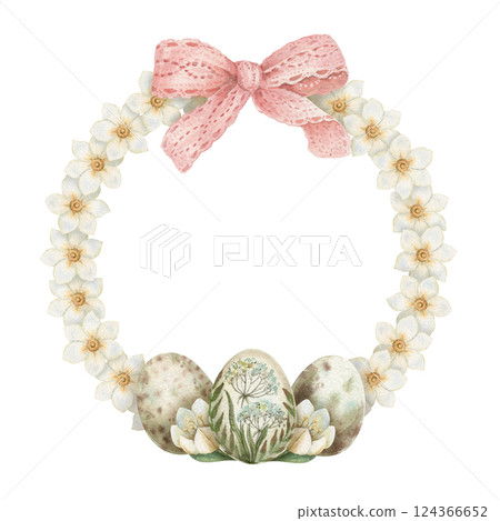 Circle wreath with white flower and Easter egg in vintage style. Hand drawn watercolor decorative festive design. Graphic round frame for greeting card template. Perfect for spring holiday season. Circle wreath with white flower and Easter egg in vintage style. Hand drawn watercolor decorative festive design. Graphic round frame for greeting card template. Perfect for spring holiday season. 124366652