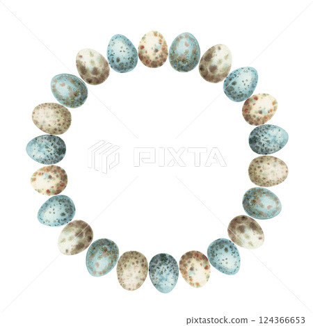 Easter rustic wreath with quail spotted egg in vintage style. Hand drawn watercolor decorative festive design. Graphic circle frame for greeting card template. Perfect for spring holiday season. Easter rustic wreath with quail spotted egg in vintage style. Hand drawn watercolor decorative festive design. Graphic circle frame for greeting card template. Perfect for spring holiday season. 124366653