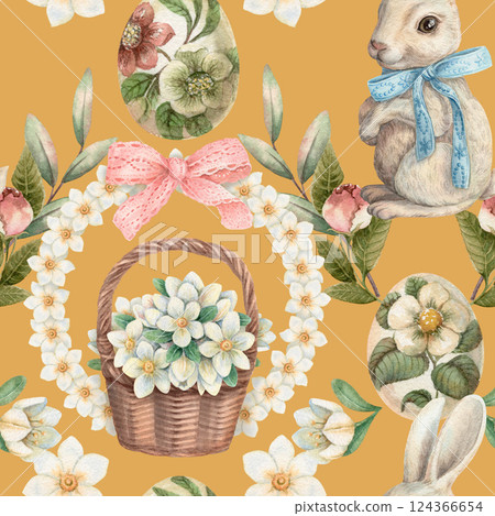 Easter seamless pattern with cute bunny and flower basket on the yellow background. Hand drawn watercolor design in vintage style. Art print ideal for wallpaper. Perfect for holiday fabric and paper. Easter seamless pattern with cute bunny and flower basket on the yellow background. Hand drawn watercolor design in vintage style. Art print ideal for wallpaper. Perfect for holiday fabric and paper. 124366654