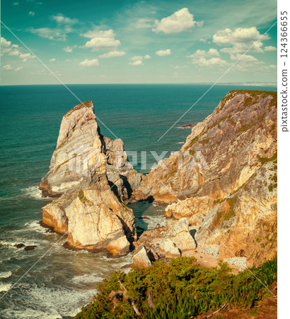 Coastal rocky seascape, region of Cape Roca, Atlantic ocean Portugal  Europe 124366655