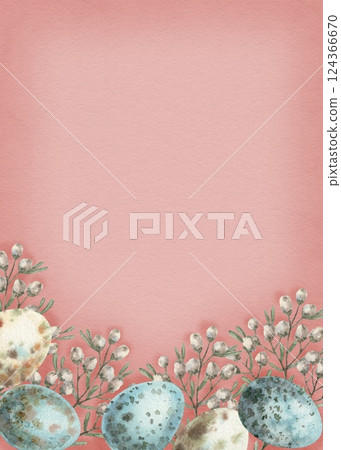 Easter background with quail egg and wildflower in vintage style. Hand drawn watercolor design with vignette. Vertical pink frame with copy space. Perfect for greeting card and holiday template. 124366670