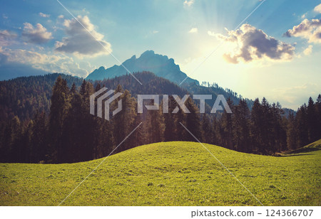 Mountain landscape background. Rocks against the day sky. The Dolomites in South Tyrol, Italy, Europe 124366707