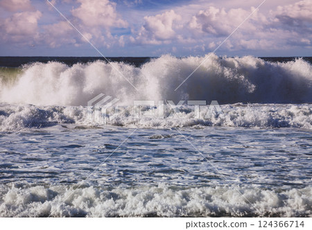 Seascape in the early morning, sunrise over the stormy sea. Nature landscape 124366714