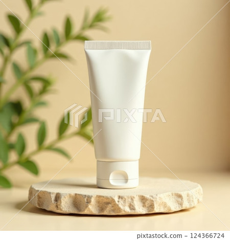 a plain white ctram tube placed on natural stone surface 124366724