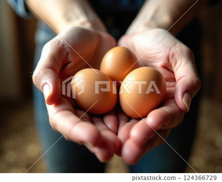 Farmer's Hands Holding Fresh Eggs. On background a wooden barn interior with straw scattered around Farmer's Hands Holding Fresh Eggs. On background a wooden barn interior with straw scattered around 124366729
