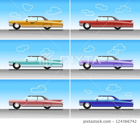Colorful Retro Classic Cars in Varied Designs and Sky Background Display 124366742