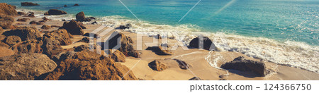 Rocky seascape on a sunny day, view of sunny bay in Setubal, Portugal Horizontal banner Rocky seascape on a sunny day, view of sunny bay in Setubal, Portugal Horizontal banner 124366750