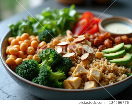a bowl filled with different plant-based protein sources -broccoli. avocado, beans, nuts, kinoa, tofu 124366776