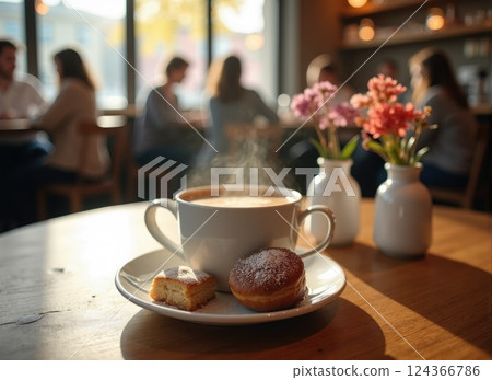 A quaint cafe interior with a minimalist Scandinavian design. A wooden table with a tray of steaming coffee, pastries, and a small vase with delicate flowers. blurred people on background 124366786
