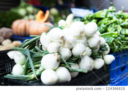 Peeled bulb onion with sprout are in box in grocery store. 124366810