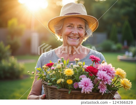 cheerful elderly woman with short silver hair in a sunlit garden. She is wearing a straw hat and holding a basket full of freshly picked flowers 124366829