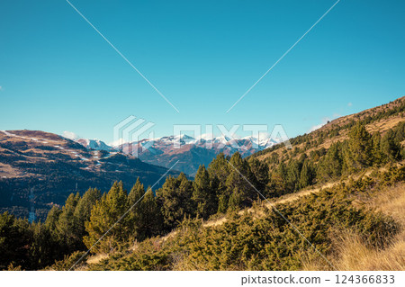 Mountains landscape in autumn. View of mountain slopes on a sunny day, Pyrenees, Andorra, Europe 124366833