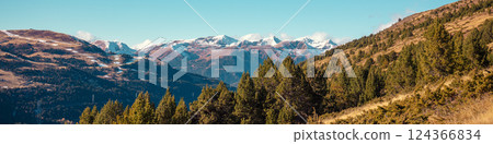 Mountain landscape in autumn. View of mountain slopes on a sunny day, Pyrenees, Andorra, Europe. Horizontal banner 124366834