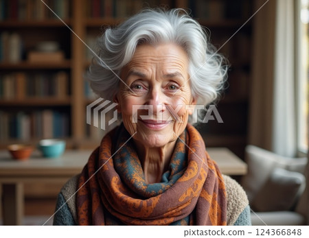 elderly woman with silver hair styled in soft curls, wearing a vibrant scarf and a warm smile 124366848
