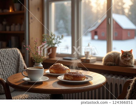 Swedish cafe during Fika. a small wooden table with a cup of coffee, a plate of cinnamon buns 124366851