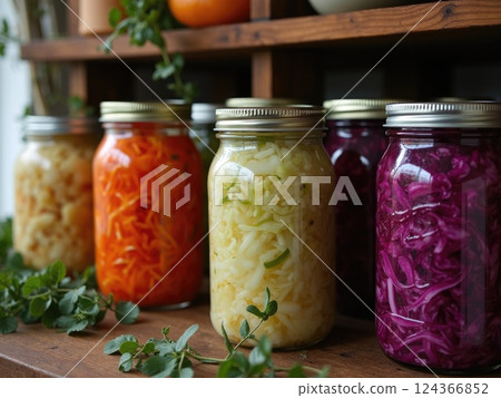 glass jars with pickled fermented food 124366852