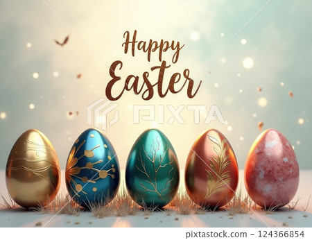 shiny coloured eggs in a row on smooth surface .Happy Easter text above 124366854